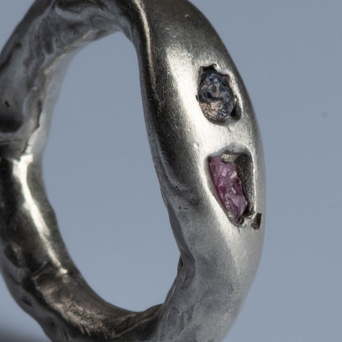 Sterling Silver Ring with Raw Ruby and Raw Sapphire "Opposites Attract"