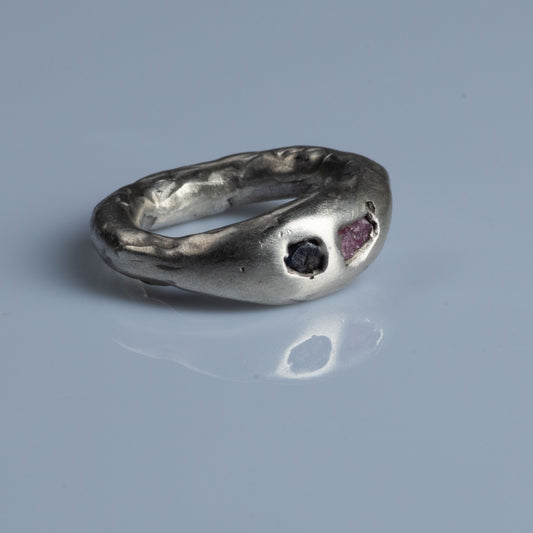 Sterling Silver Ring with Raw Ruby and Raw Sapphire "Opposites Attract"