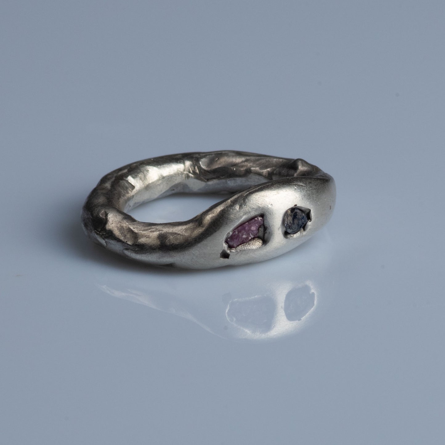 Sterling Silver Ring with Raw Ruby and Raw Sapphire "Opposites Attract"