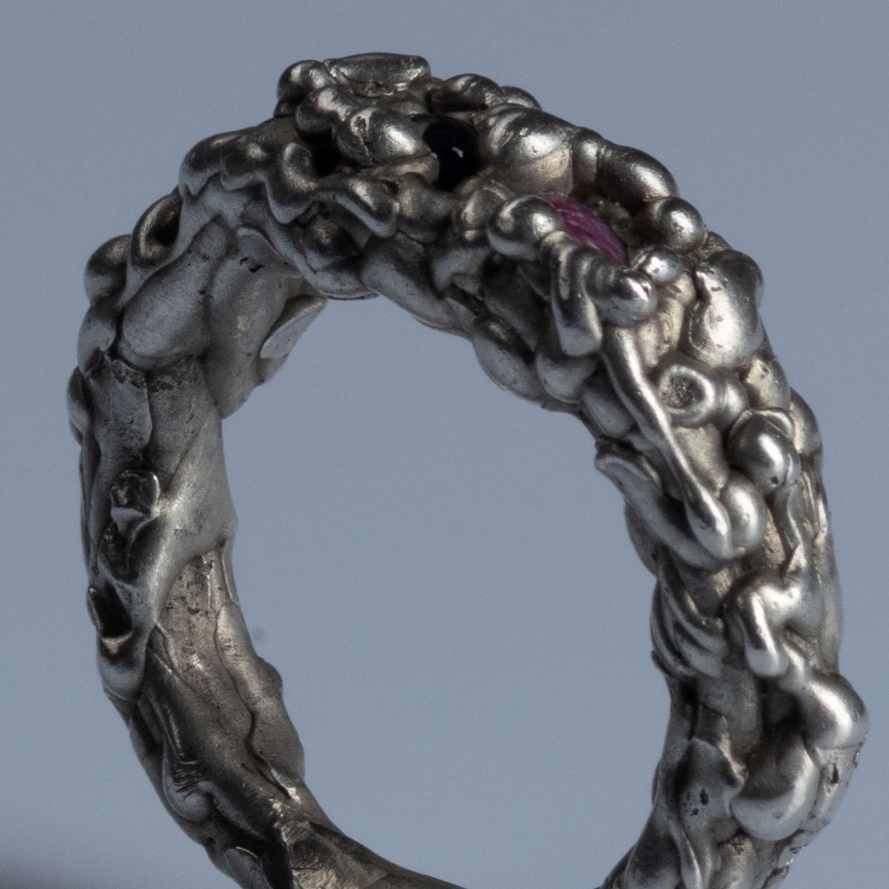 Sterling Silver Ring with Cabochon Cut Ruby and Sapphire "Opposites Attract"