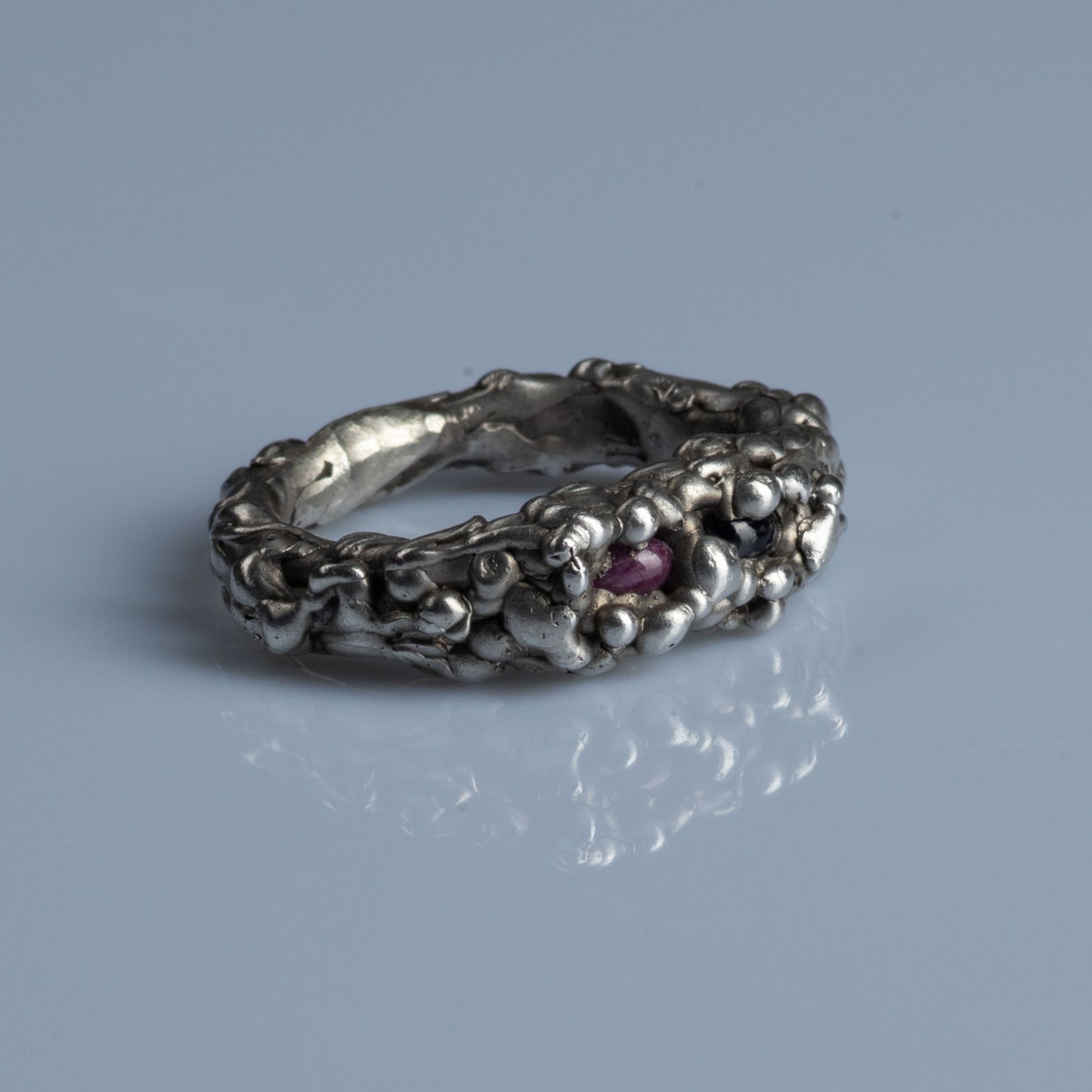 Sterling Silver Ring with Cabochon Cut Ruby and Sapphire "Opposites Attract"